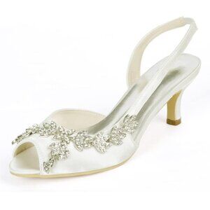 Women’s Rhinestone Peep Toe Heel Straps Shoes White size 6.5 / 7